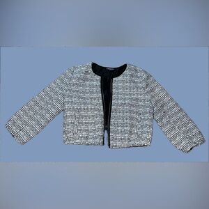 Express Women's Monochrome Tweed Cropped 3/4 Sleeve Blazer